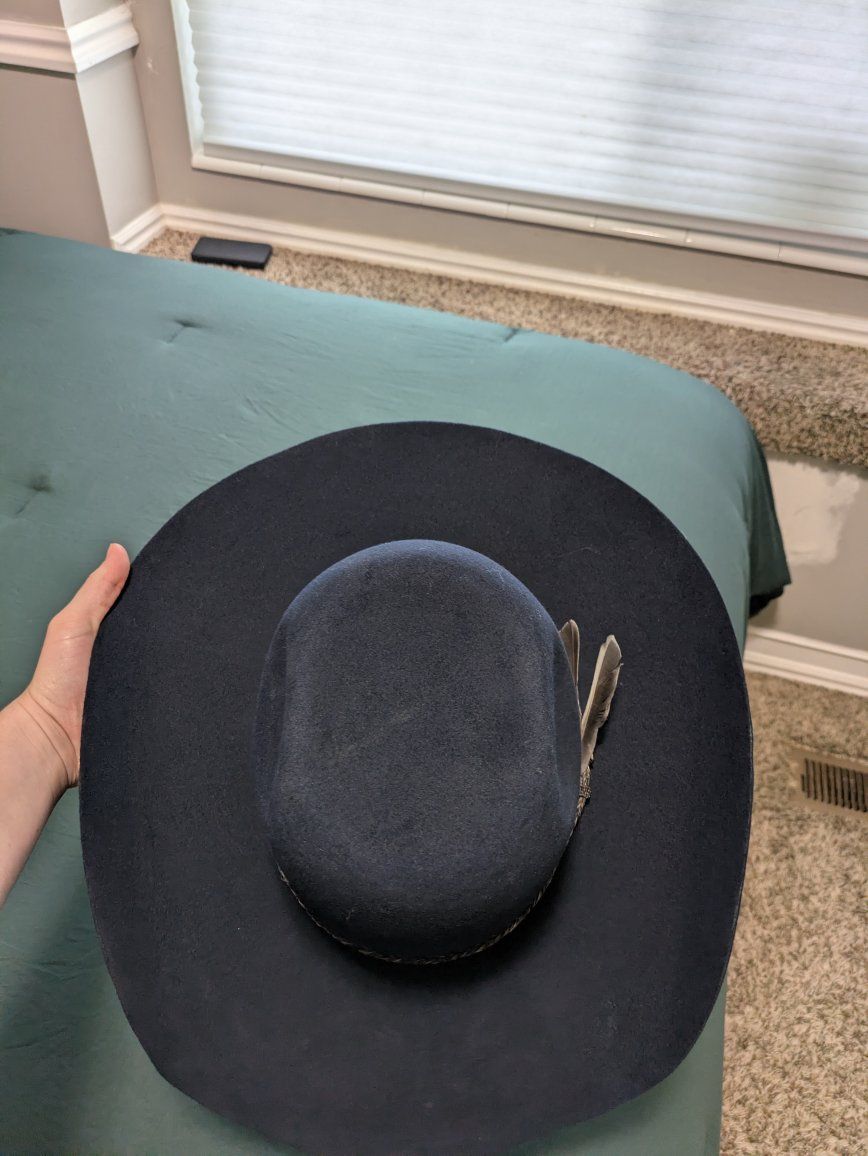 Black Felt Cowboy Hat with Braided Band & Feather - Size 7 1/2 USA