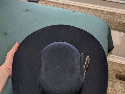 Black Felt Cowboy Hat with Braided Band & Feather - Size 7 1/2 USA