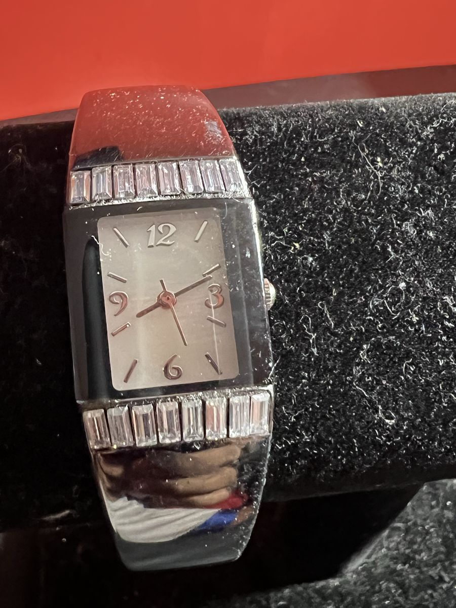 Baguette Crystal Accented Rectangular Dial Cuff Watch