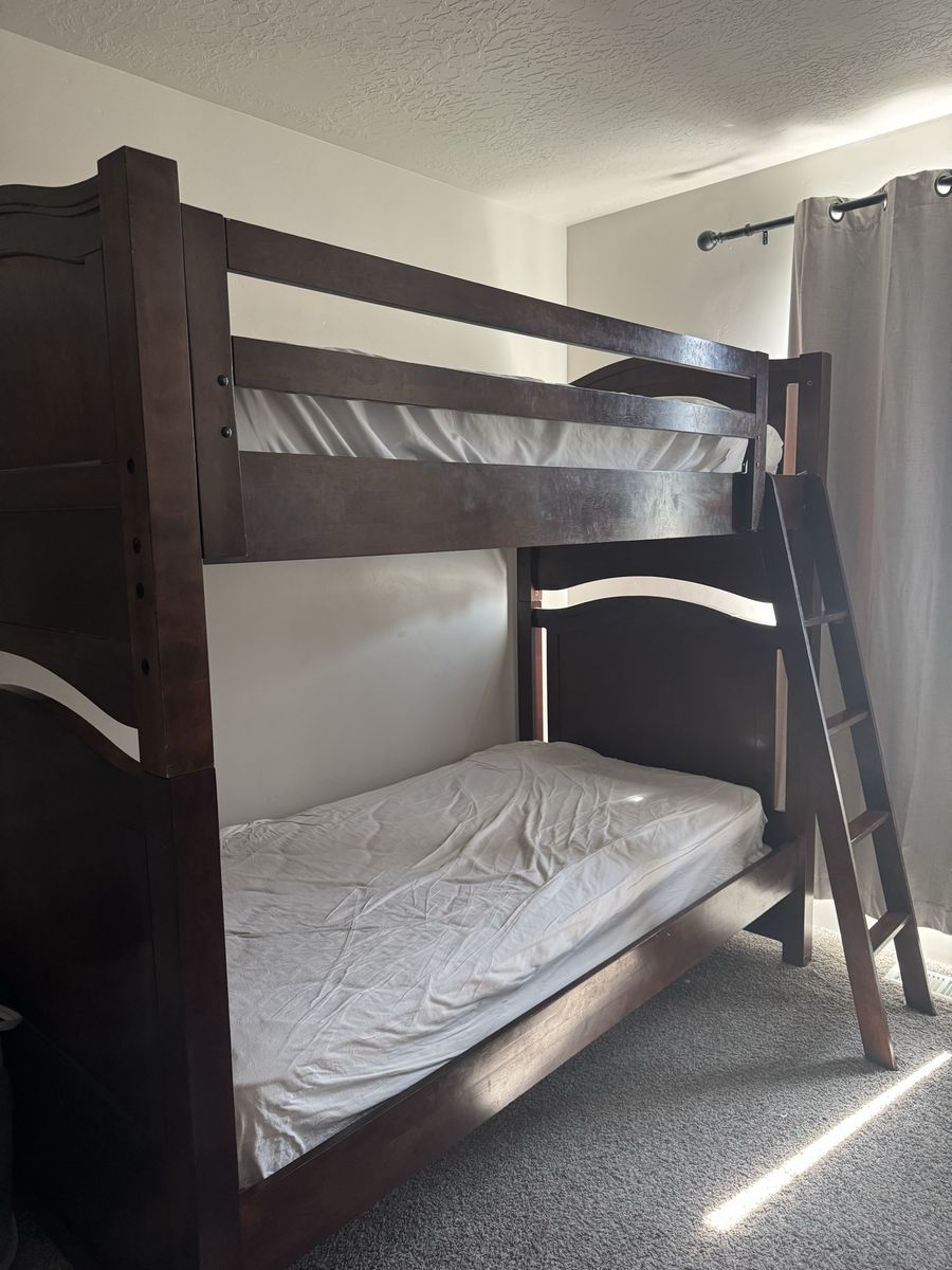 Dark Wood Bunk Beds with Ladder - Twin Over Twin