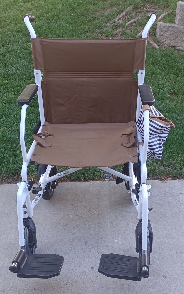 Medline Lightweight Transport Wheelchair with Footrests - White Frame, Brown Fabric, Side Bag