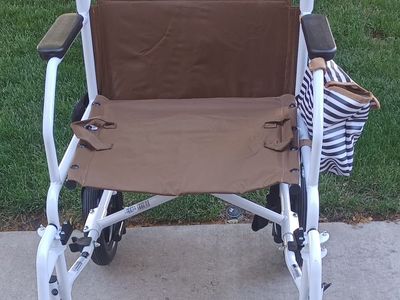 Medline Lightweight Transport Wheelchair with Footrests - White Frame, Brown Fabric, Side Bag