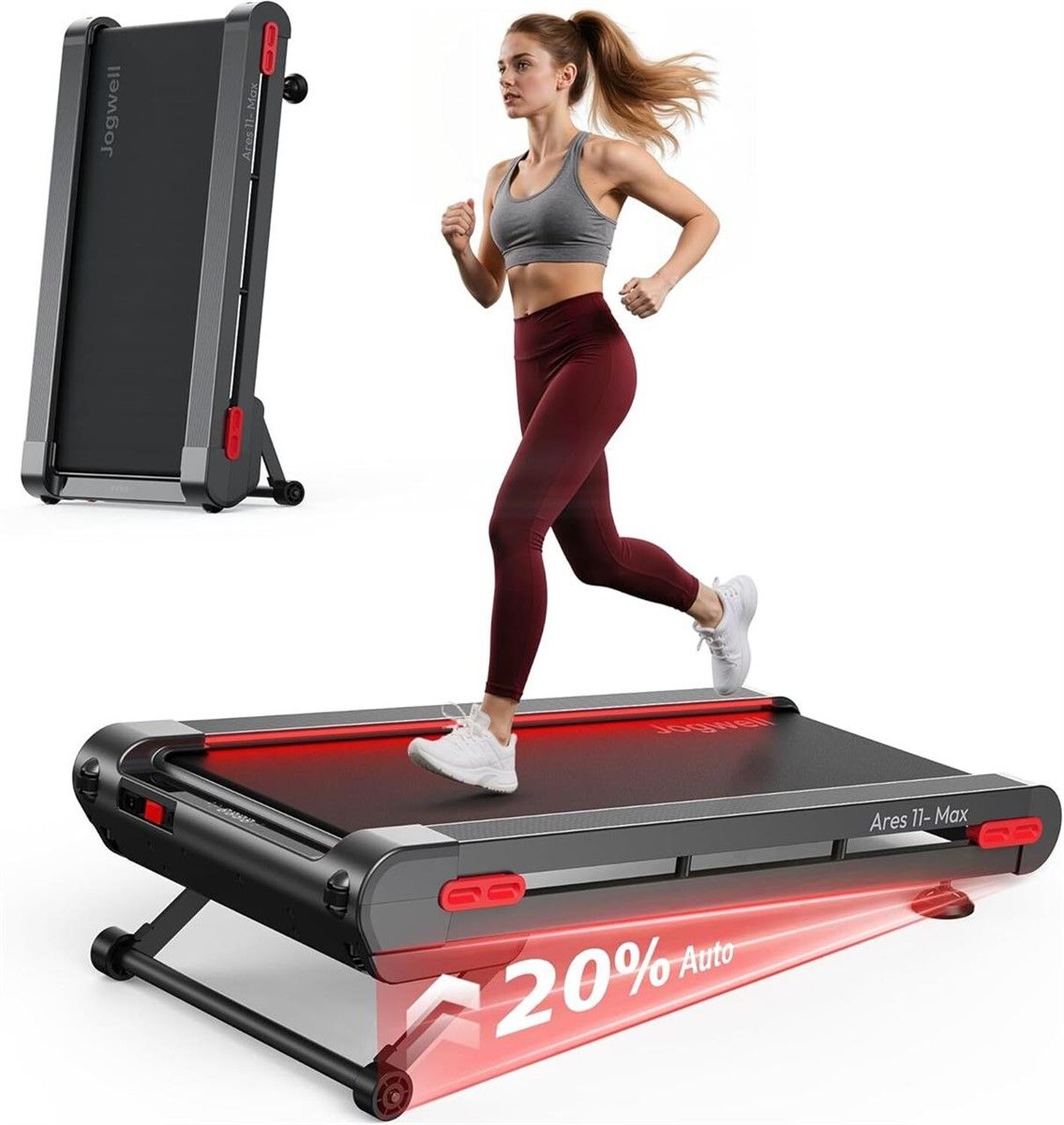 Jogwell Walking Pad Treadmill, Auto Incline, Brushless Ultra-Quiet, Under Desk Treadmill for Home Office, 400 LBS Capacity,