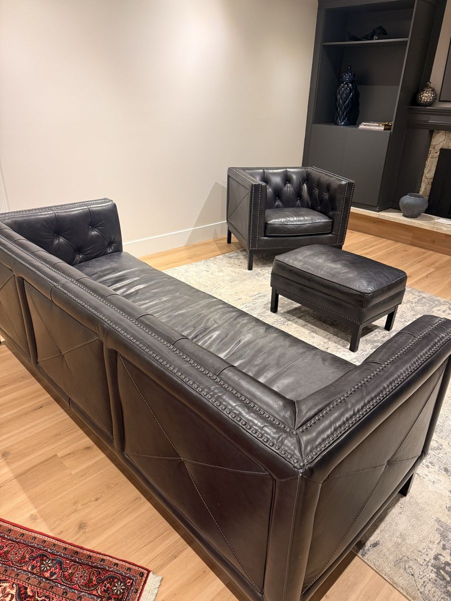 Black Leather Tufted Sofa, Armchair, & Ottoman Set - Nailhead Trim & X-Stitched Panels