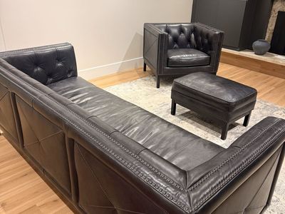 Black Leather Tufted Sofa, Armchair, & Ottoman Set - Nailhead Trim & X-Stitched Panels