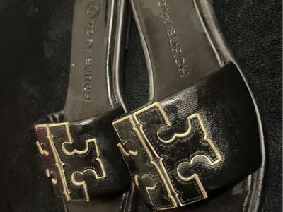 Tory Burch Black Miller Cloud Sandals with Gold Logo Detail, Women's Size 6