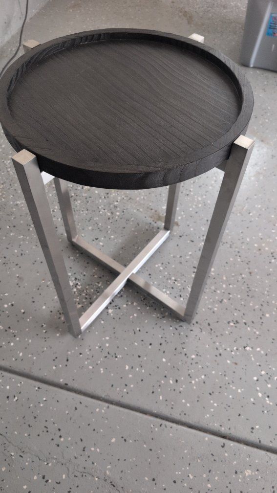 Round Brown Wood & Steel End Table - Modern Side Table, 25" H x 18" Dia