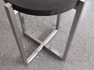 Round Brown Wood & Steel End Table - Modern Side Table, 25" H x 18" Dia