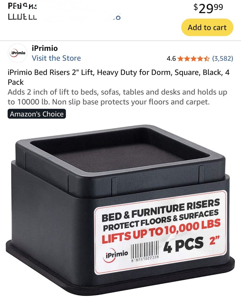 iPrimio Heavy Duty 3 Inch Furniture and Bed Risers, Square, Black, 4 Pack