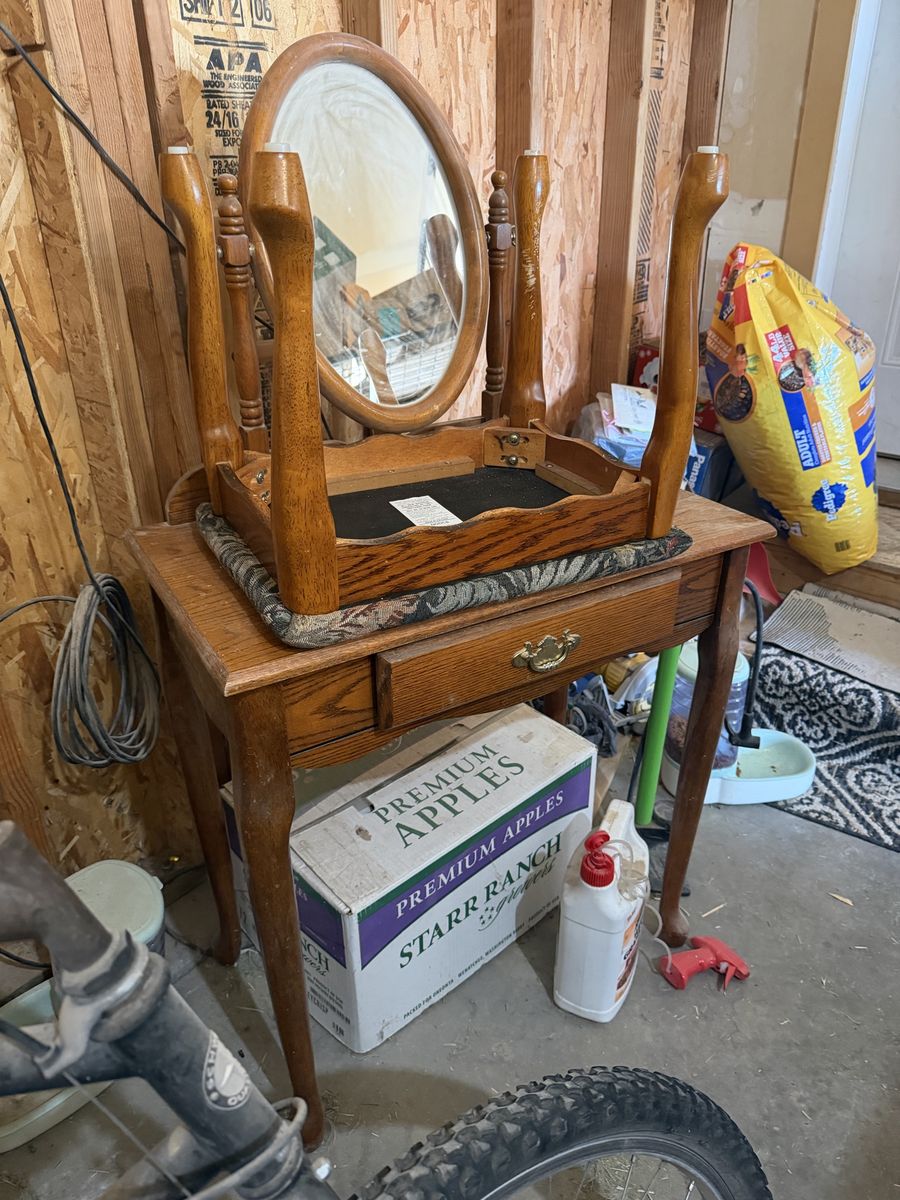 Wood Vanity with Mirror and Bench