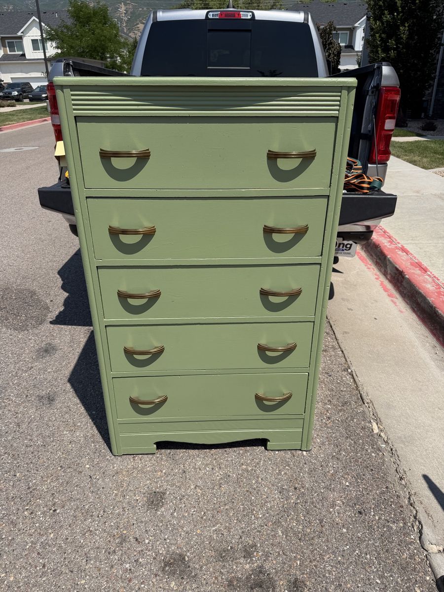 Vintage Painted Green 5-Drawer Dresser Chest with Brass Pulls
