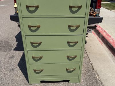 Vintage Painted Green 5-Drawer Dresser Chest with Brass Pulls