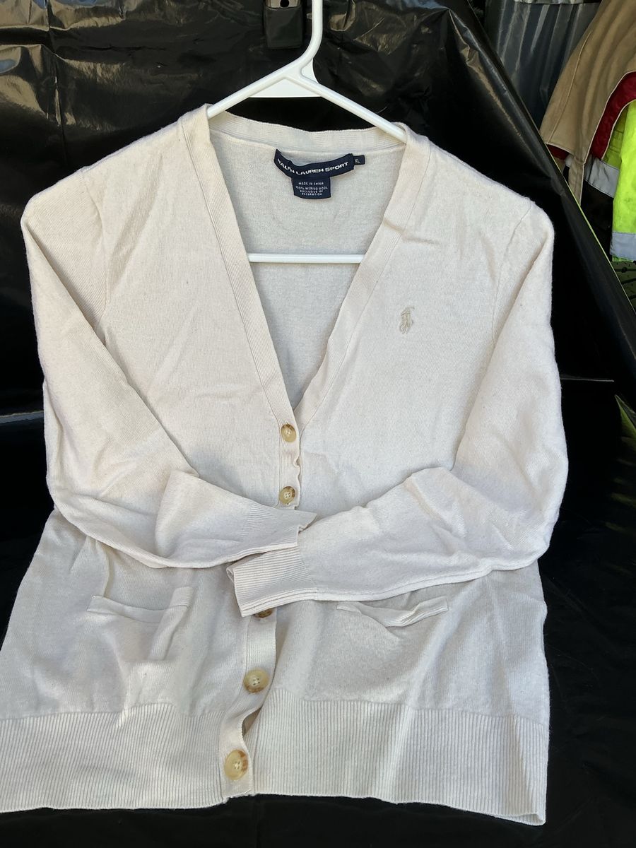Ralph Lauren Sport Cream Merino Wool Cardigan Sweater XL V-Neck Quiet Luxury Great Cond