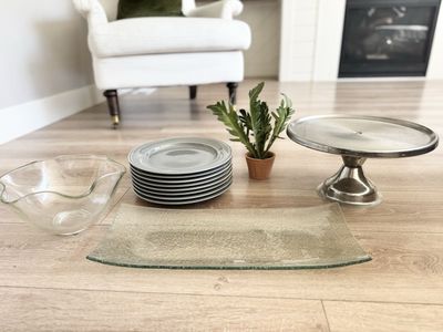 Gorgeous | Set | 8 Dinner Plates | Cake Stand | Curved Glass | Serving Platter | Bowl | Faux Plant -$30 for all