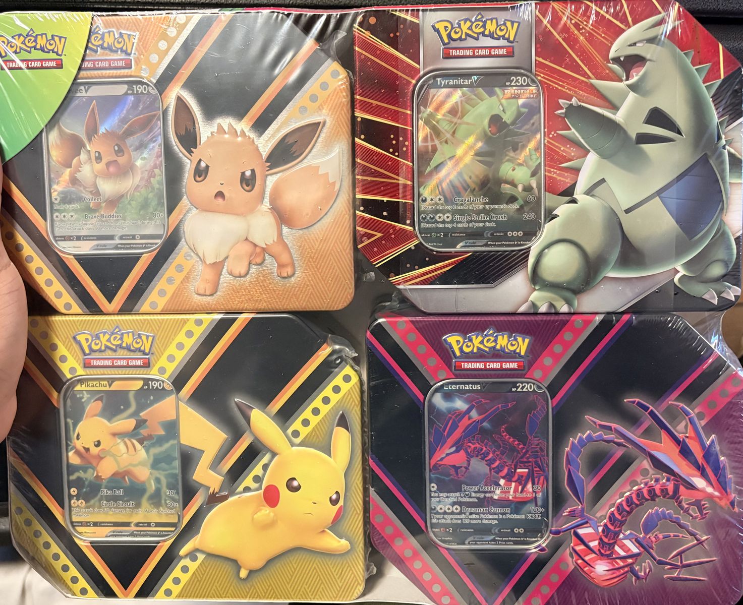 Costco Pokemon 4 Pack V Tins Set Pikachu, Etnaraus ,Evee, Tyranitar SEALED