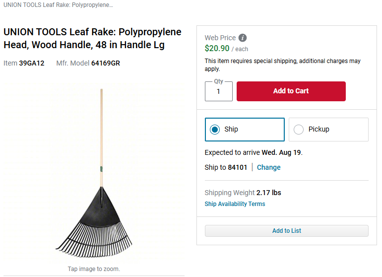 New UNION TOOLS Leaf Rake: Polypropylene Head, Wood Handle, 48 in Handle Lg Made in USA