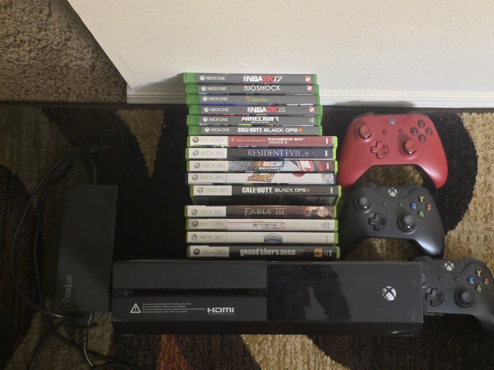 Xbox one. with games and controllers.
