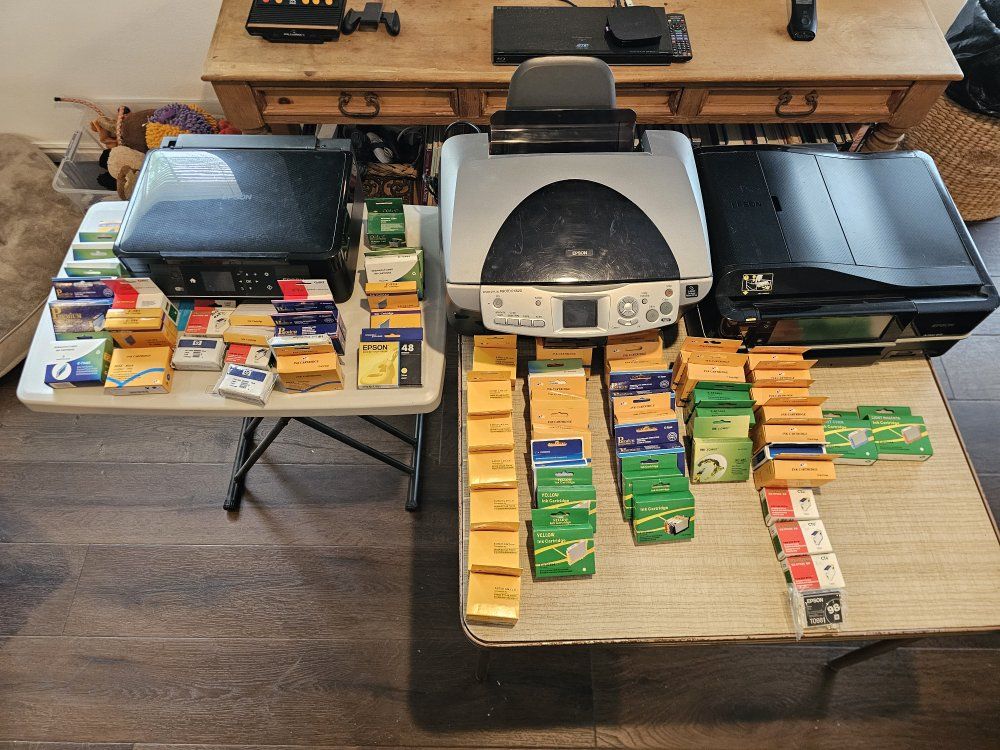 3 Epson Printers w Scanners  and 88 ink cartridges