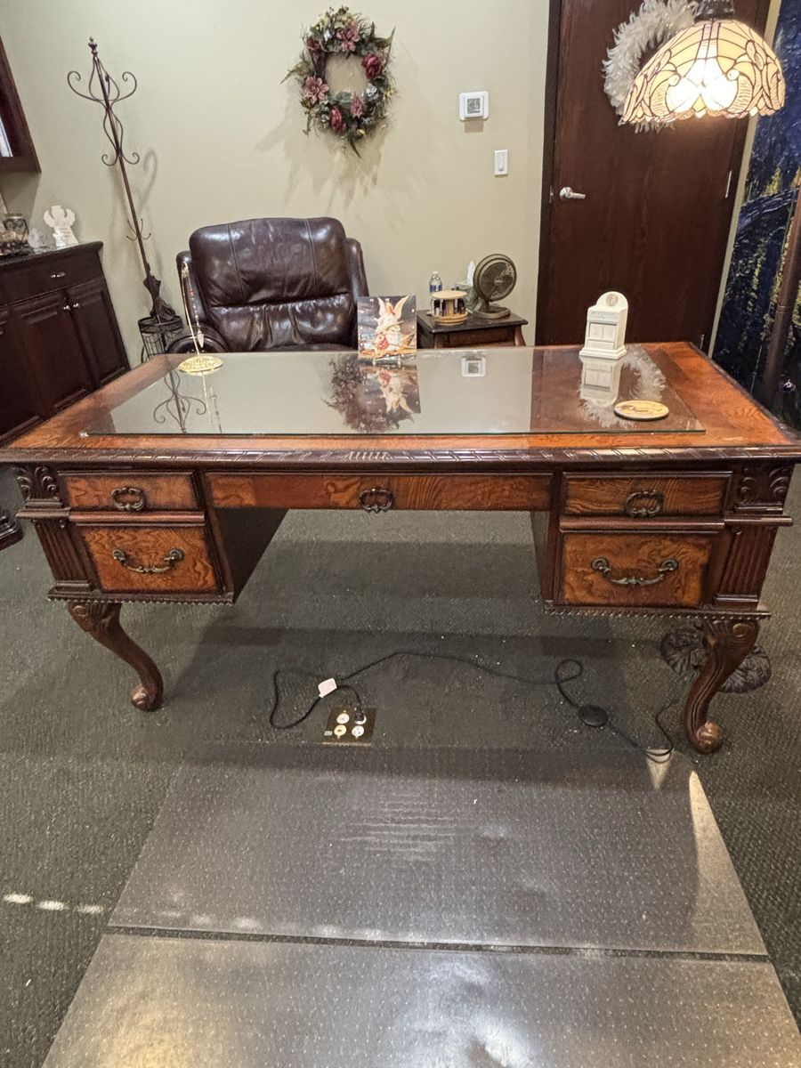 Vintage Wooden Executive Desk with Glass Top & Cabriole Legs