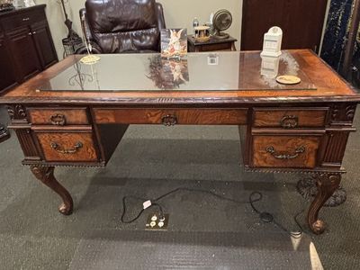 Vintage Wooden Executive Desk with Glass Top & Cabriole Legs