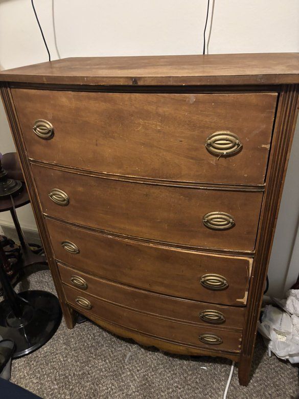 Vintage Wooden Dresser with 5 Drawers - Bow Front Chest of Drawers with Brass Pulls