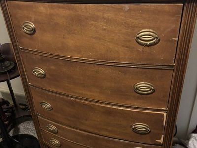 Vintage Wooden Dresser with 5 Drawers - Bow Front Chest of Drawers with Brass Pulls