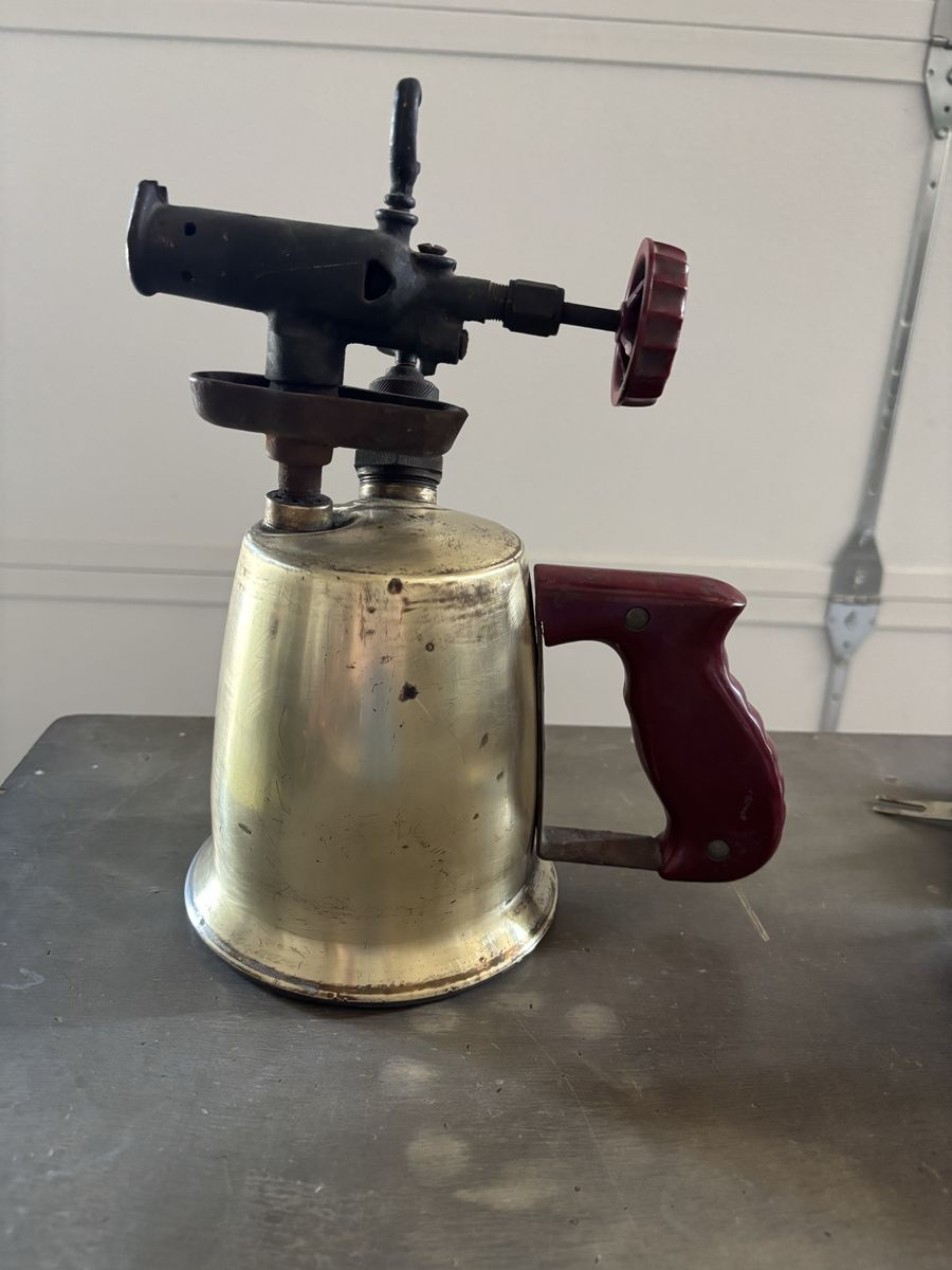 Vintage Brass Blow Torch with Red Handle - Antique Industrial Tool, Collectible Decor