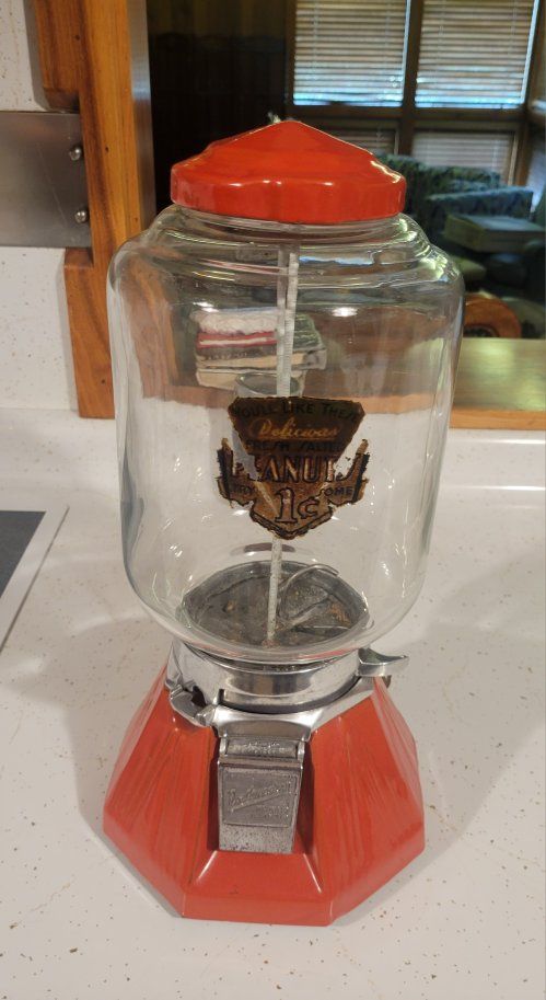 Vintage 1 Cent Peanut Dispenser Glass Globe Red Base Vending Machine