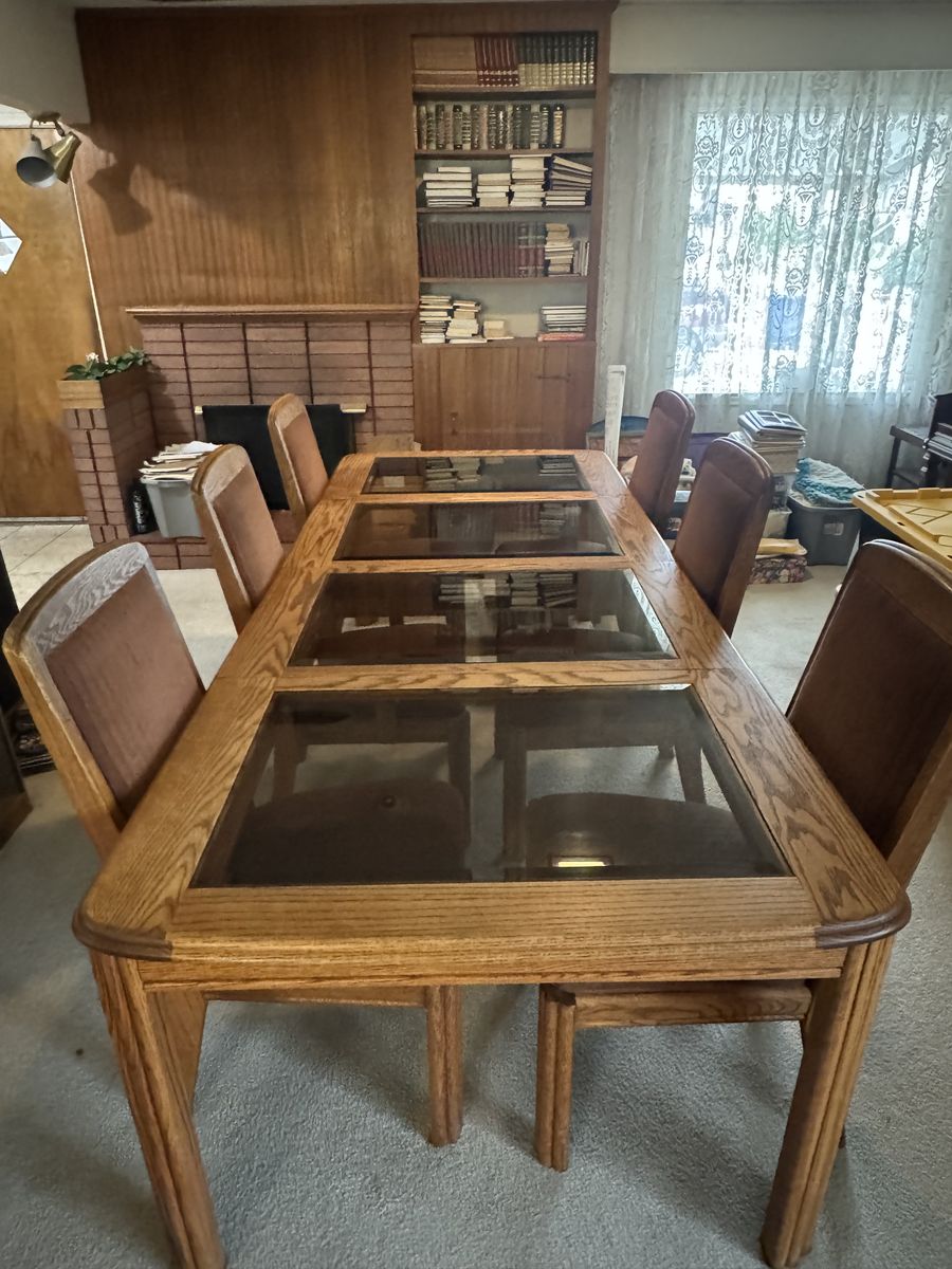 Oak Dining Table with 6 Chairs - Glass Inlays - Used