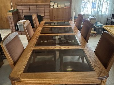 Oak Dining Table with 6 Chairs - Glass Inlays - Used