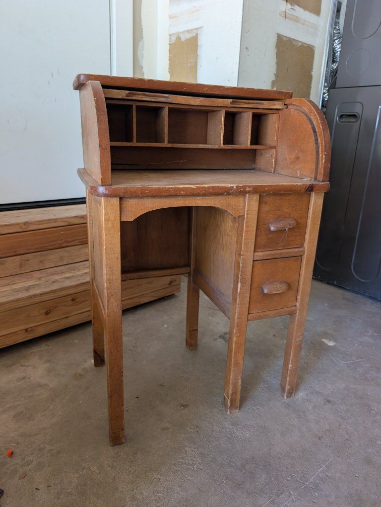 Vintage Wooden Roll Top Desk with Built-in Cubbies and Two Drawers