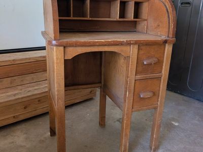 Vintage Wooden Roll Top Desk with Built-in Cubbies and Two Drawers