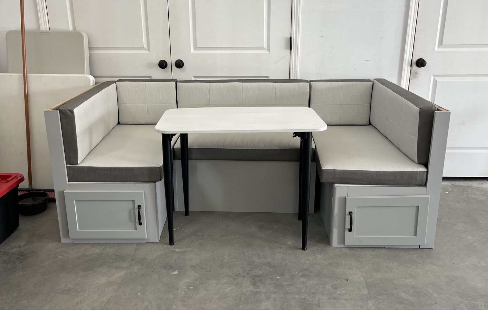 RV Dinette Booth Set w/ Table - Light Grey Cushions & Storage, U-Shaped.