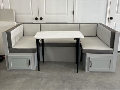 RV Dinette Booth Set w/ Table - Light Grey Cushions & Storage, U-Shaped.