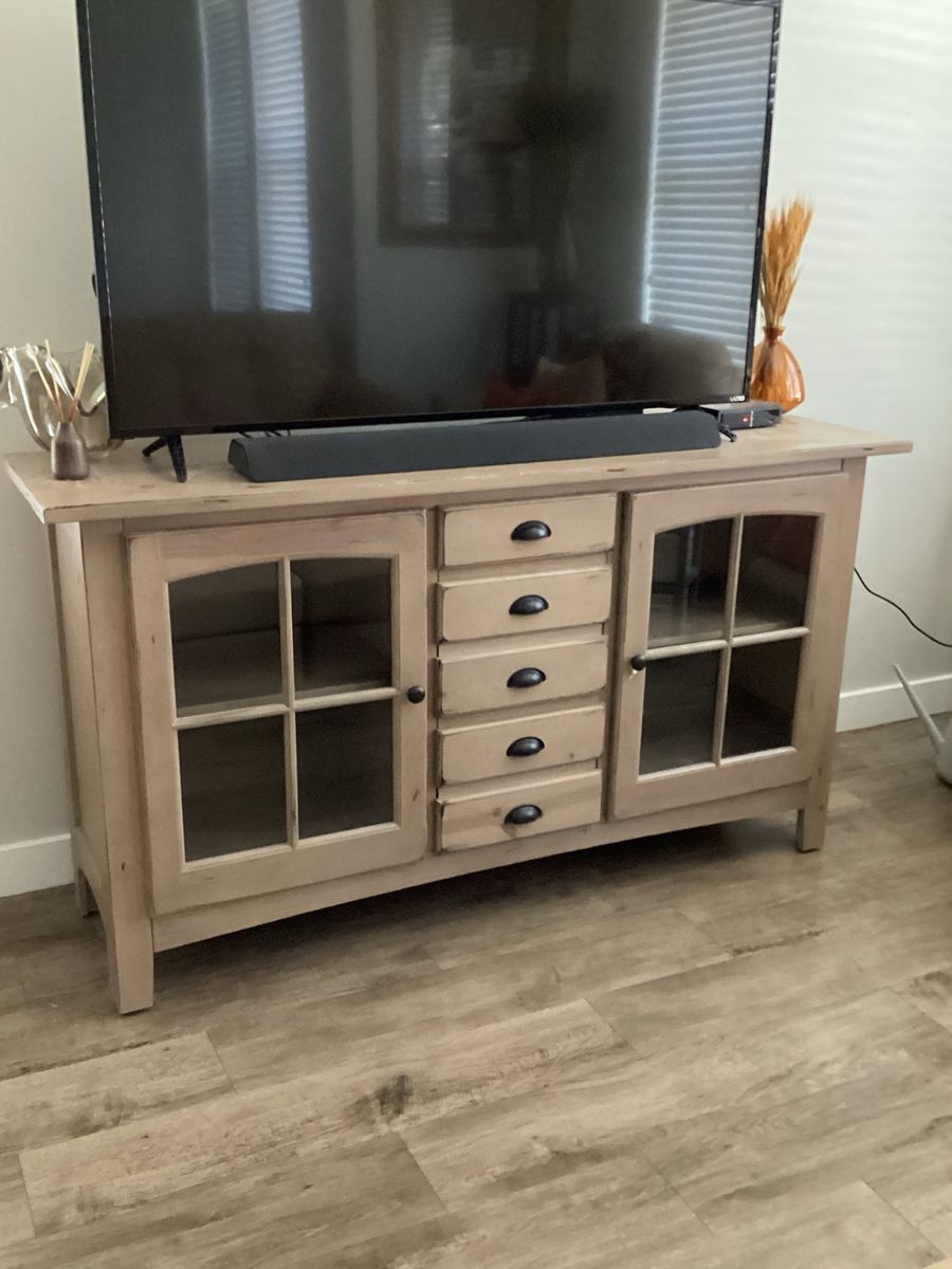 Beautiful Wooden Media Console Cabinet with Glass Doors and 5 Drawers - Light Wood Finish