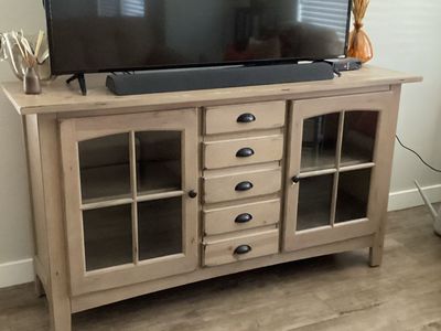 Beautiful Wooden Media Console Cabinet with Glass Doors and 5 Drawers - Light Wood Finish