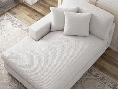 DreamsIdea CS0007-BEIGE Left Arm Facing Sectional Chaise Lounge, Corduroy Polyester, Wood Legs