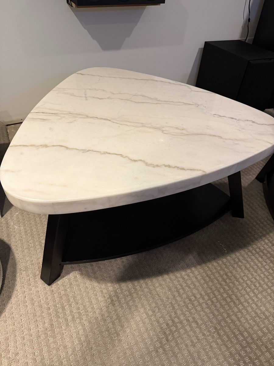 Triangular White Marble Coffee Table with Dark Wood Base and Shelf