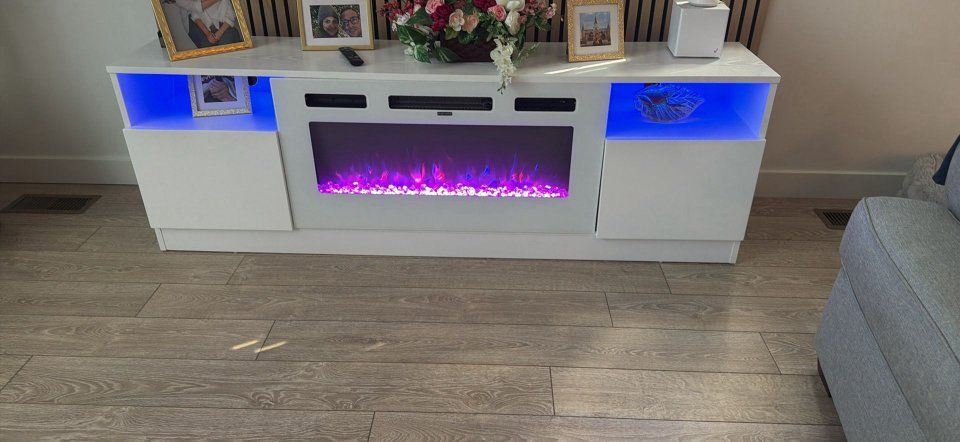 70" Electric Fireplace TV Stand with LED Lights, White Modern Entertainment Center