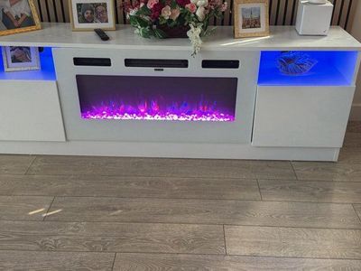 70" Electric Fireplace TV Stand with LED Lights, White Modern Entertainment Center