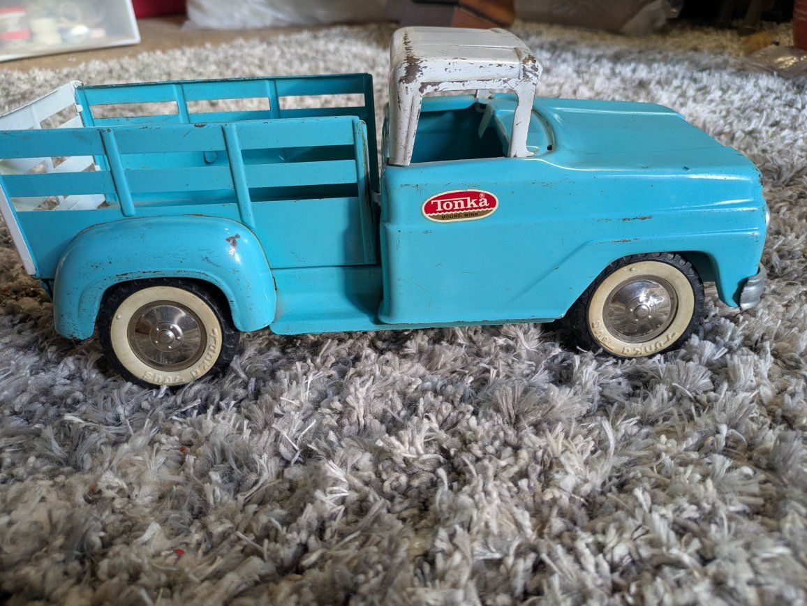 Vintage Tonka Blue & White Metal Stake Bed Pickup Truck Toy, Mid-20th Century, Collector's Item