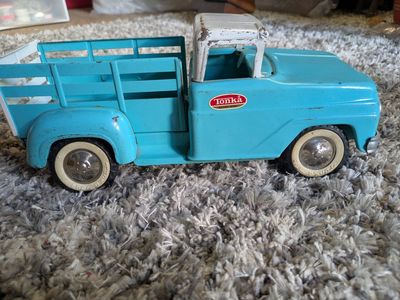 Vintage Tonka Blue & White Metal Stake Bed Pickup Truck Toy, Mid-20th Century, Collector's Item