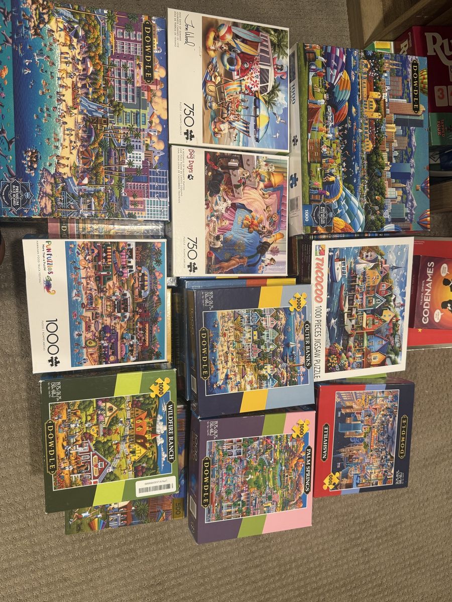 Large Lot of Dowdle Folk Art Jigsaw Puzzles - Various Sizes