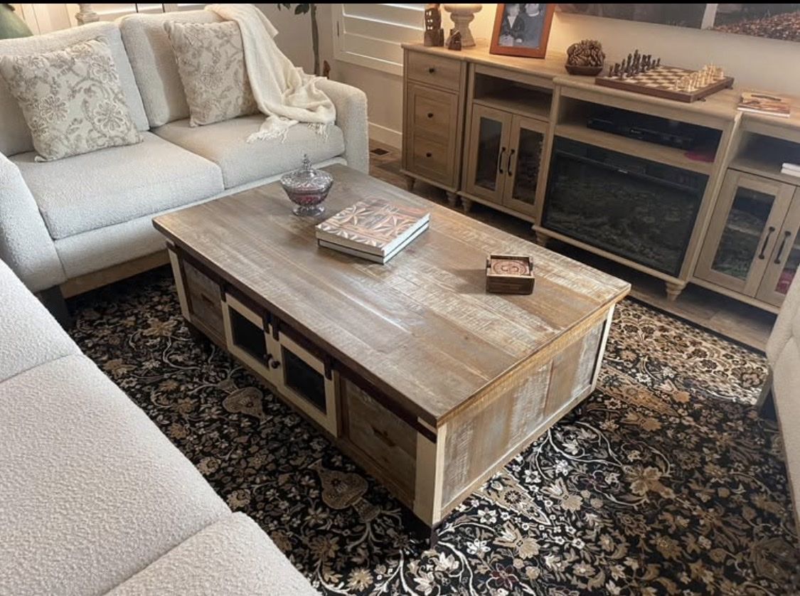 Rustic Farmhouse Coffee Table with Storage & Sliding Doors