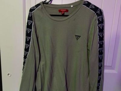 Guess Olive Green Long Sleeve Shirt with Logo Arm Tape XL