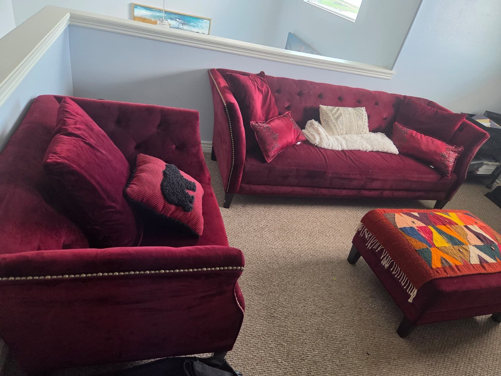 Burgundy Velvet Tufted Sofa & Loveseat Set with Nailhead Trim