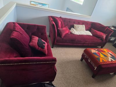 Burgundy Velvet Tufted Sofa & Loveseat Set with Nailhead Trim