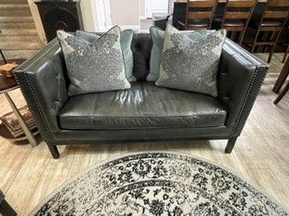 St. James Mid-Century Modern Black Leather Tufted Loveseats (Set of 2) with Nailhead Trim & Pillows