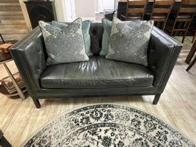 St. James Mid-Century Modern Black Leather Tufted Loveseats (Set of 2) with Nailhead Trim & Pillows