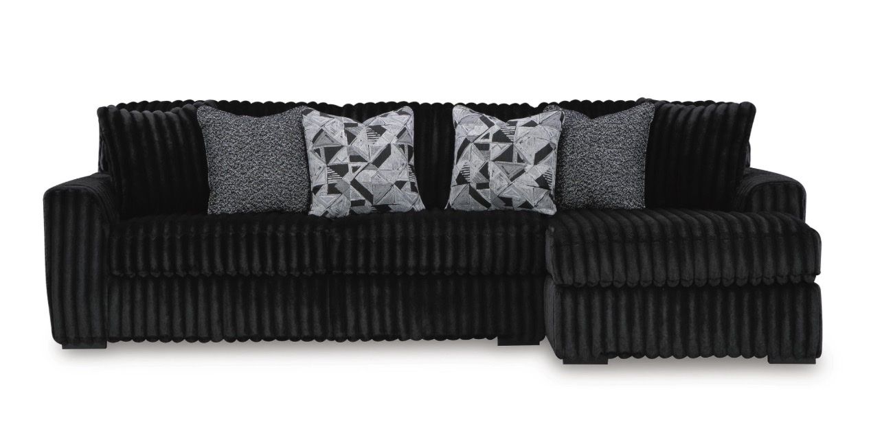 Contemporary Black Sectional Sofa Couch with Ribbed Velvet-Look Upholstery & Accent Pillows